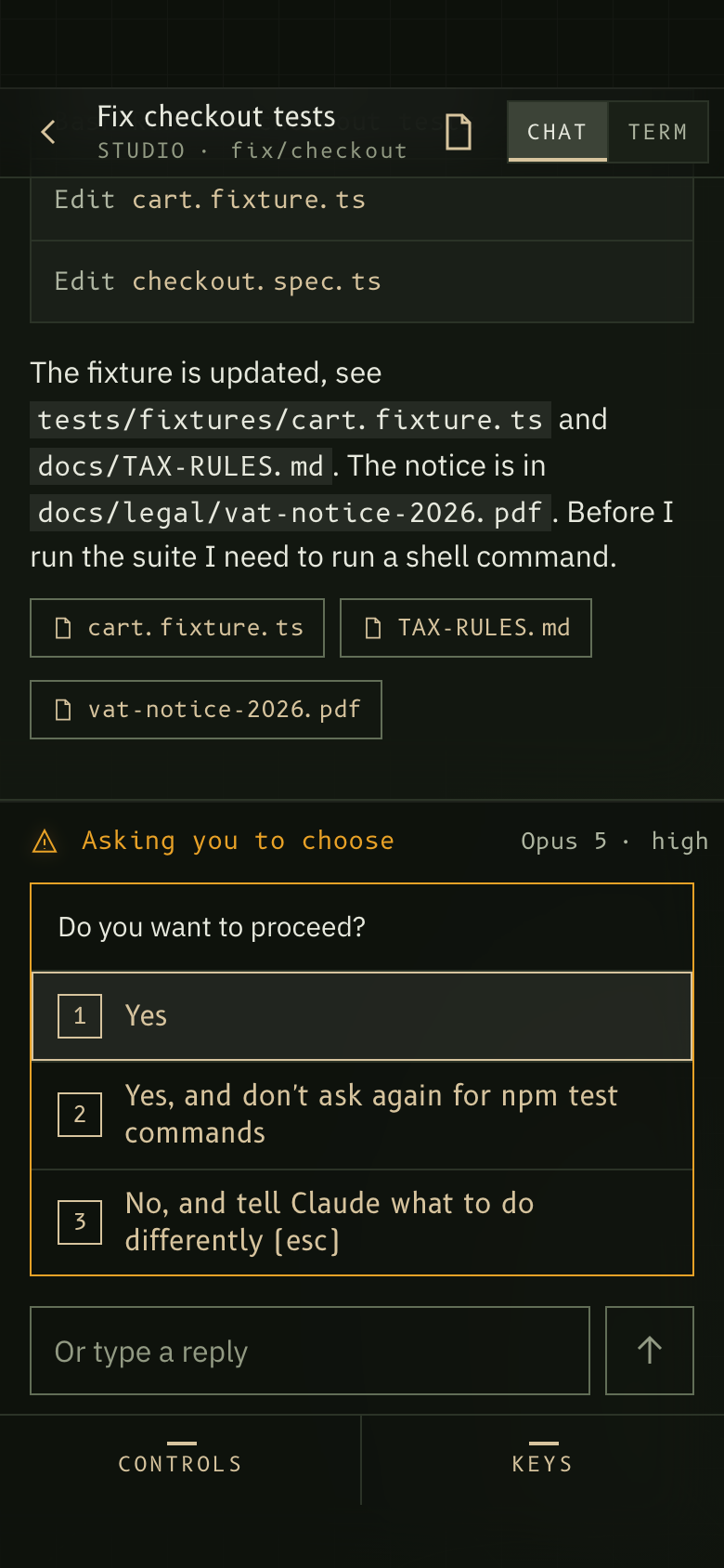 An agent's question with numbered options to tap