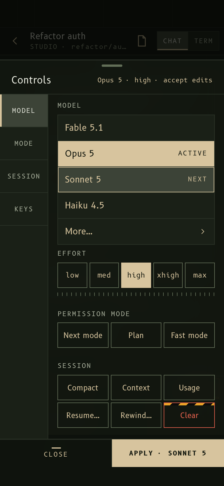 Controls sheet: Opus 5 active, Sonnet 5 selected, effort high